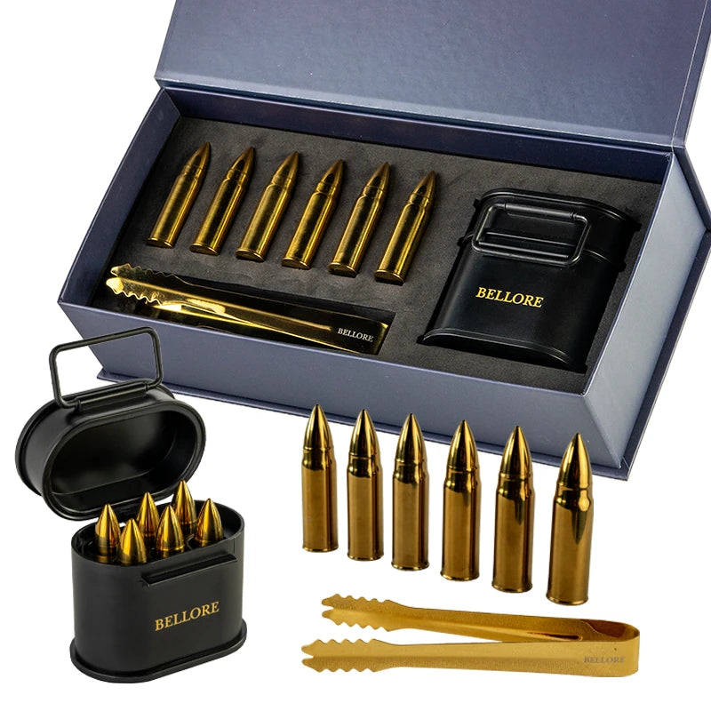 Set Bellore pietre răcire whisky din oțel inoxidabil în formă de glonț – 6 cuburi metalice reutilizabile + clește, cutie cadou premium